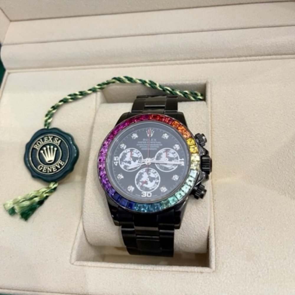 Rolex Daytona 40mm Black Band Rainbow Sapphire Bezel